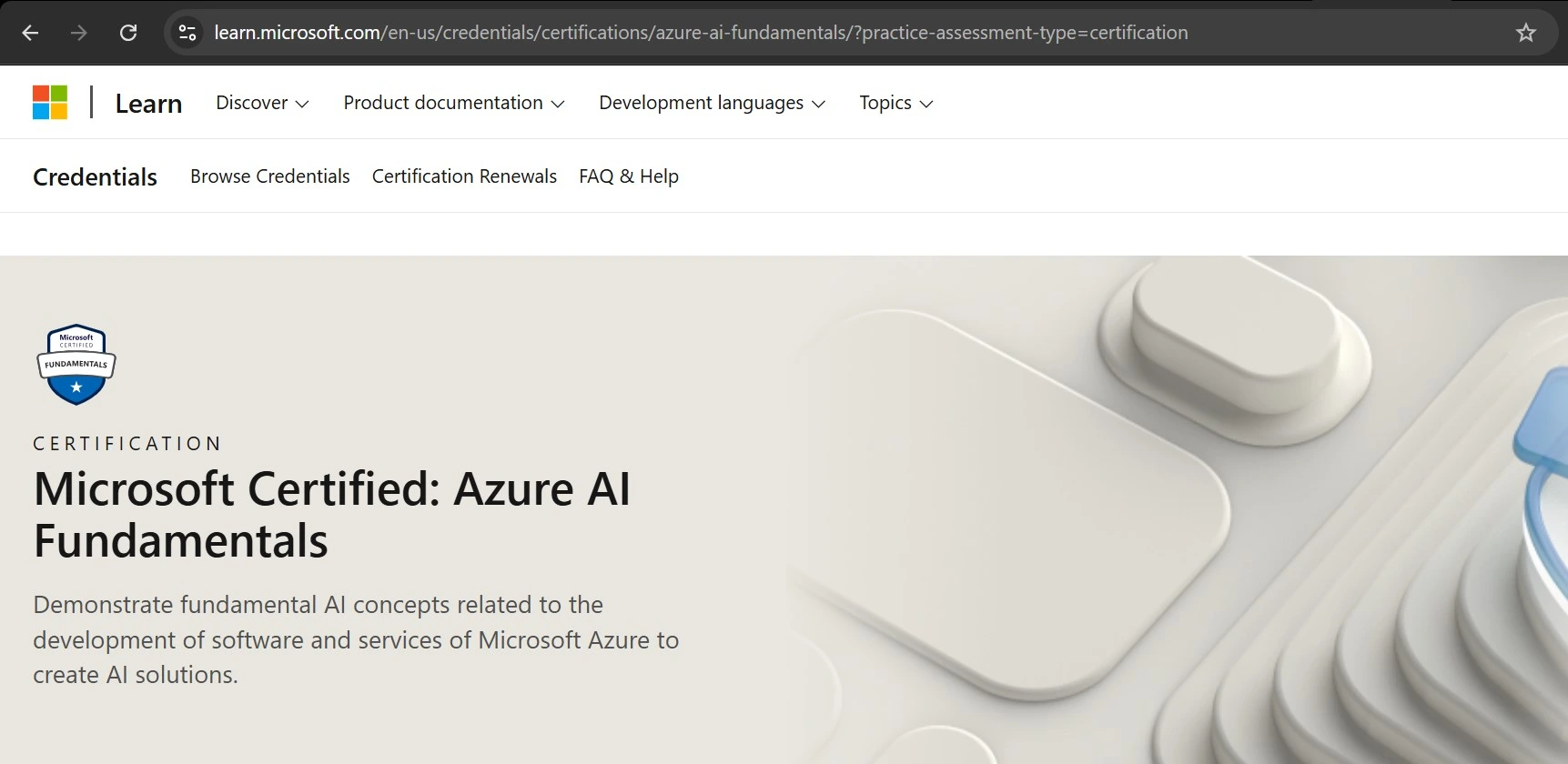 Microsoft certification webpage for the Azure AI Fundamentals exam (AI-900)